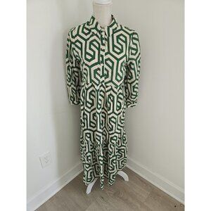 Zara Cotton Geometric Tiered Dress M Modi Maxi Green Cream Long Sleeves Collar